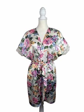 Vintage California Miss Floral Satin Robe Cottagecore Romantic Lace Trim Belted